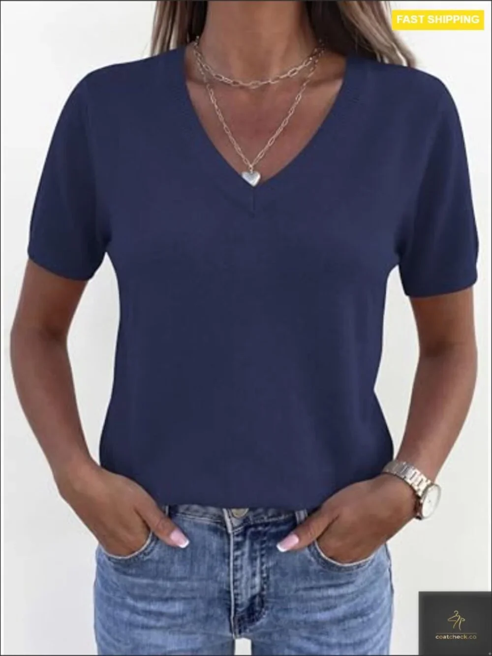 V Neck Short Sleeve Pullover Sweater Lightweight Business Casual Knit Top_5